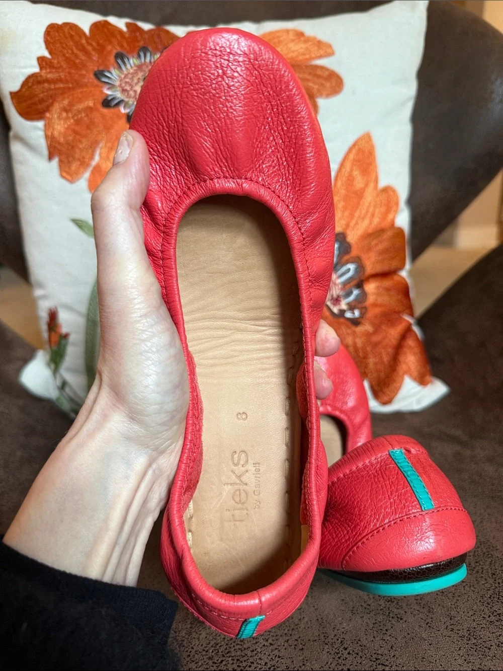 POPPY TIEKS LEATHER BALLET FLATS FOLDABLE VIBRANT RED’ISH ORANGE CORAL SZ 8 EUC